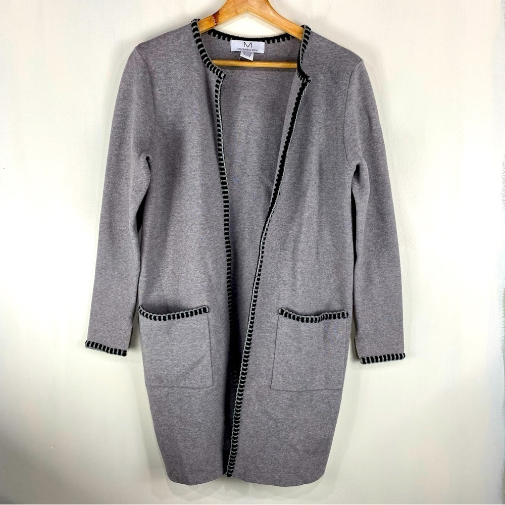 Magaschoni Longline Stitch Work Trim Open Front Thick Cardigan Sweater Size XS